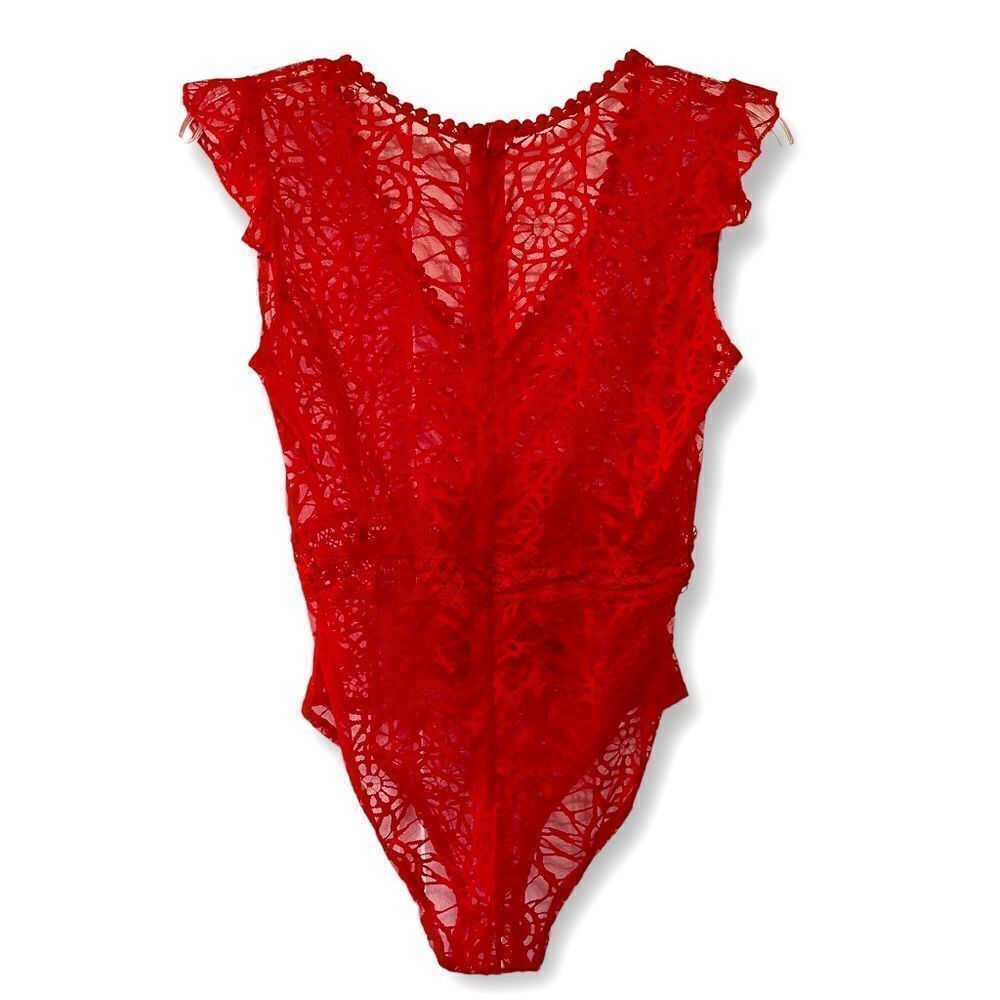 Super Sheer Red Lace Bodysuit, Small‎